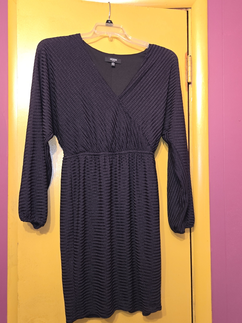 GUESS Textured Puff Long Sleeve Black Dress
